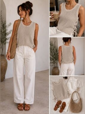 easel Beige Sleeveless Knit Lace-Up Tank